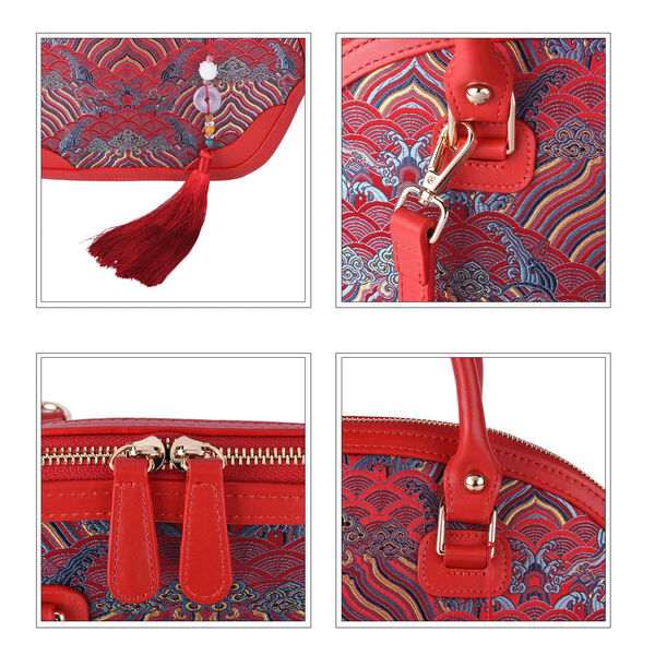 Seidenbrokat Tasche aus 100% Leder mit nat&uuml;rlicher Jade Quaste, Gr&ouml;&szlig;e 35x23x13 cm, Rot image number 6