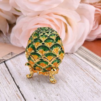 Eif&ouml;rmige Schmuckdose mit Ginkgomuster aus Metall und Kunstkristall, 3.8&times;5.8cm