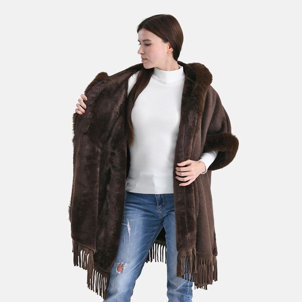 LA MAREY - Poncho aus Webpelz mit Fransen und Fleecefutter, Einheitsgr&ouml;&szlig;e, Braun image number 5