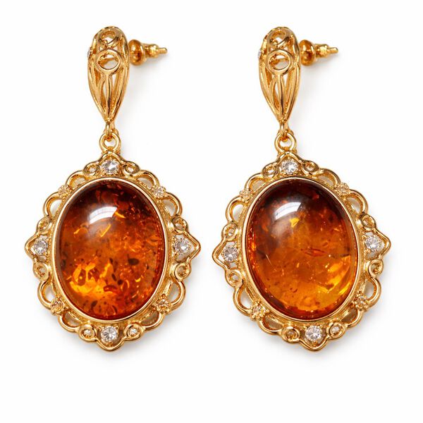 Nat&uuml;rlicher Baltischer Bernstein, Wei&szlig;er Zirkonia Ohrringe 925 Silber vergoldet