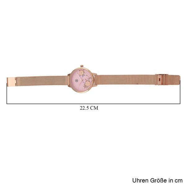 STRADA Uhr mit Japanischem PC21S Werk, Edelstahl-Mesharmband, florales Zifferblatt Rosa mit Weißem Kristall, Rosévergoldet image number 7