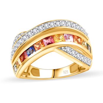Mehrfarbiger Saphir, Wei&szlig;er Zirkon Ring, 925 Silber Gelbgold Vermeil (Gr&ouml;&szlig;e 18.00) ca. 2.12 ct