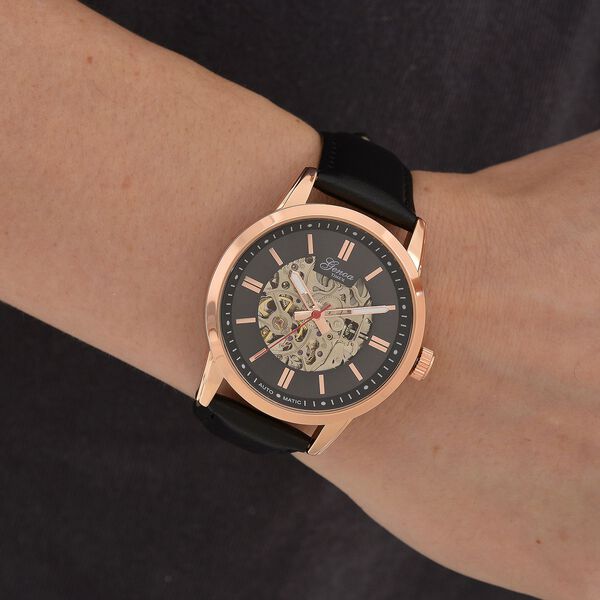 GENOA TIME V2 Automatikuhr mit mechanischem Automatikwerk, Zifferblatt Schwarz mit Sonnenschliff und offenem Design, Lederarmband Schwarz, 3 ATM wasserdicht image number 2