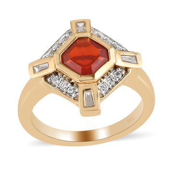 Mexikanischer Kirschfeuer-Opal und Zirkon Ring 925 Silber Gelbgold Vermeil  ca. 1,07 ct