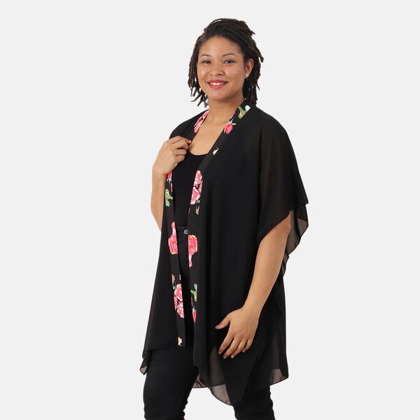 Chiffon Kimono mit bedruckter Bordüre, Einheitsgröße Schwarz  image number 3