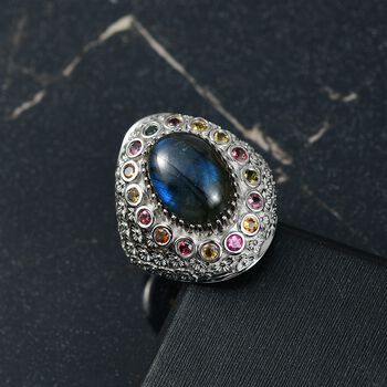 AAA Labradorit, Mehrfarbig-Turmalin Ring 925 Silber rhodiniert (Gr&ouml;&szlig;e 19.00) ca. 7,70 ct