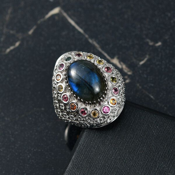 AAA Labradorit, Mehrfarbig-Turmalin Ring 925 Silber rhodiniert (Größe 19.00) ca. 7,70 ct image number 1