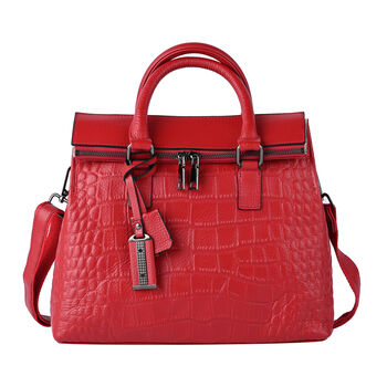 Schultertasche aus 100% echtem Leder mit Kroko-Pr&auml;gung und abnehmbarem Riemen, Gr&ouml;&szlig;e 29x12x22 cm, Rot