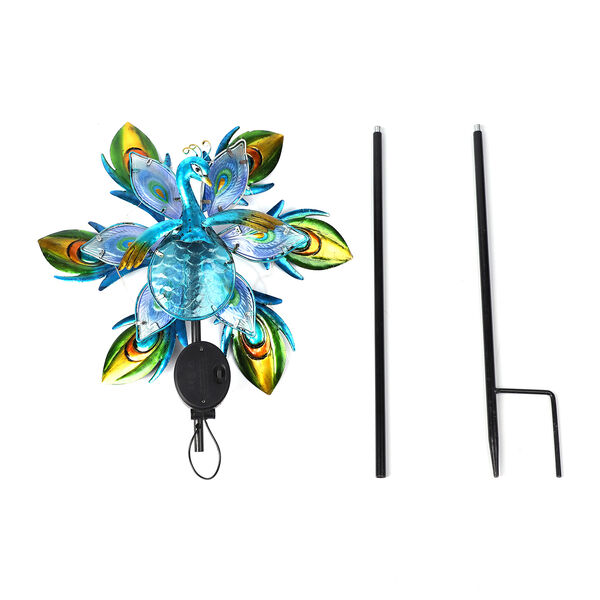 Handbemaltes Windrad Pfau mit Solarlicht, Größe 25x15x117 cm, Mehrfarbig image number 3