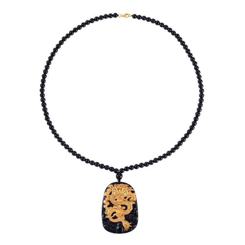 Schwarzer Glasachat Halskette, ca. 60 cm, 925 Silber, 750 Gelb Vergoldet ca. 329.40 ct image number 0