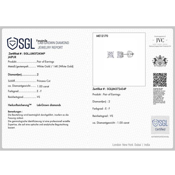 LUXURIANT SGL zertifizierte VS-EF Labor Diamant Ohrringe in 585 Wei&szlig;gold - 1 ct. image number 6