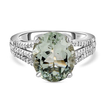 Prasiolith und wei&szlig;er Zirkon-Ring, 925 Silber platiniert (Gr&ouml;&szlig;e 16.00) ca. 4,74 ct