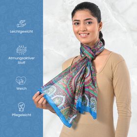 Bedruckter Schal aus 100% Seide, Mehrfarbiges Muster und blaue Bord&uuml;re, 70x200 cm