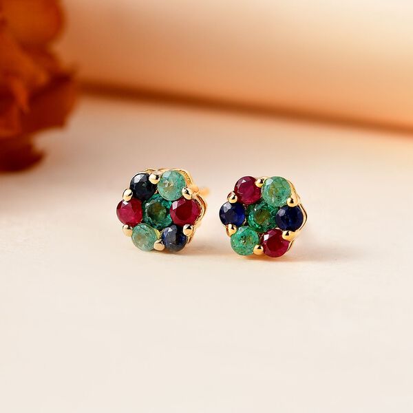 Thail&auml;ndischer Rubin , Kanchanaburi Blaue Saphir und Kagem Sambischer Smaragd Ohrringe, 925 Silber 750 Gelbgold Vermeil ca. 0.94 ct image number 2