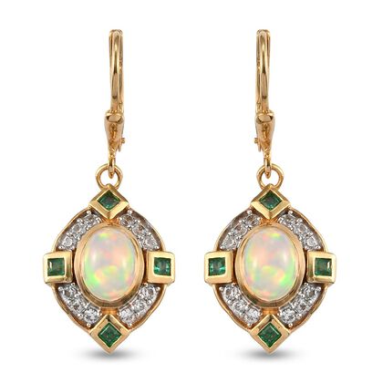 Natürliche, äthiopische Opal, Smaragd und Zirkon-Ohrringe, 925 Silber Vermeil ca. 2.86 ct