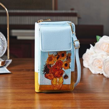 PU Handytasche mit RFID-Schutz, 20x11x2cm, Blau mit Sonnenblumen-Muster