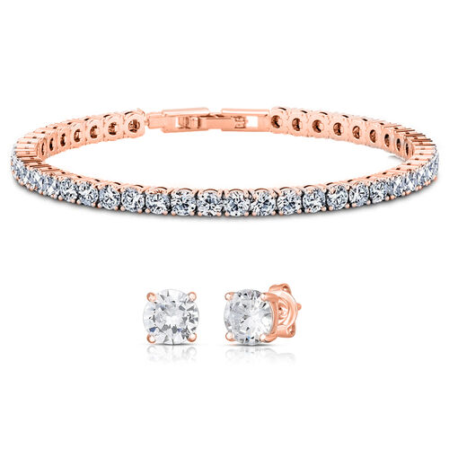 2er Set - Weißer Zirkonia Armband und ohrstecker (Rund) Messing rosévergoldet image number 0