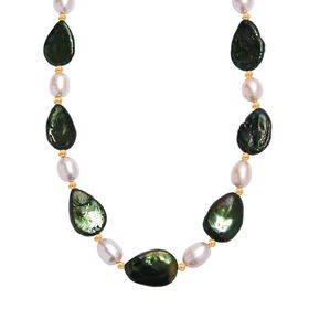 Gefärbte grüne Jade, Weiße Süßwasser Perle Halskette ca. 45 cm Edelstahl vergoldet 150.00 ct