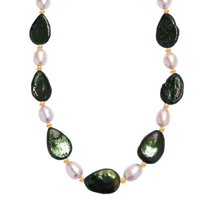 Gef&auml;rbte gr&uuml;ne Jade, Wei&szlig;e S&uuml;&szlig;wasser Perle Halskette ca. 45 cm Edelstahl vergoldet