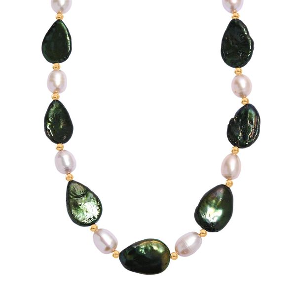 Gefärbte grüne Jade, Weiße Süßwasser Perle Halskette ca. 45 cm Edelstahl vergoldet image number 0