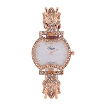 GENOA TIME V2 Kristall Uhr mit japanischem Miyota-Uhrwerk und rotem Lederarmband in Ros&eacute;goldton, 24cm