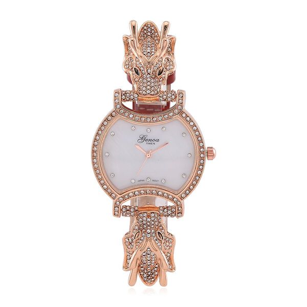 GENOA TIME V2 Kristall Uhr mit japanischem Miyota-Uhrwerk und rotem Lederarmband in Ros&eacute;goldton, 24cm