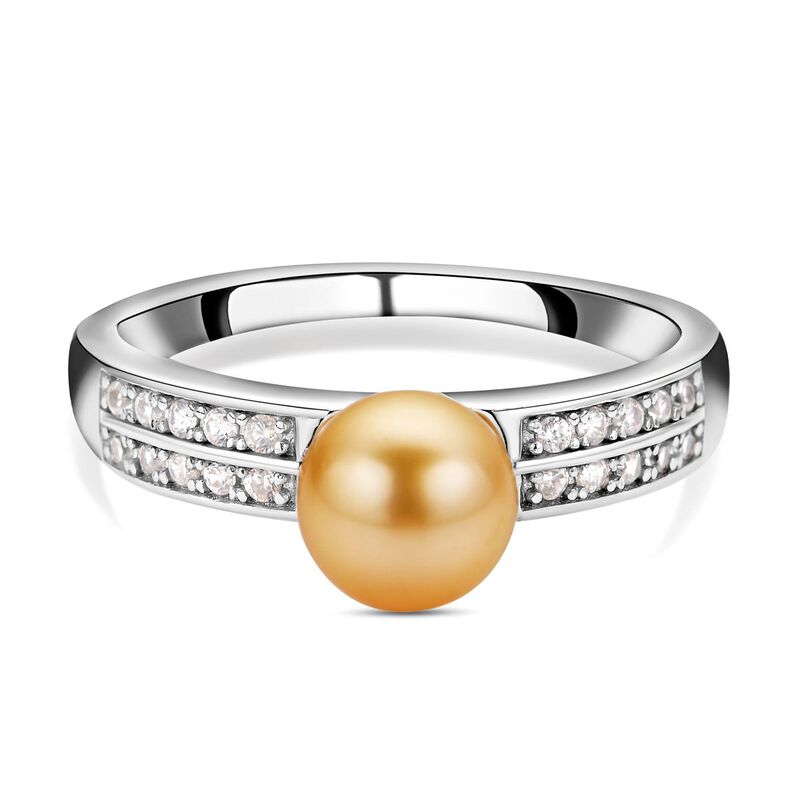 Goldener Südseeperlen und weißer Zirkon-Ring, , 925 Silber rhodiniert image number 0