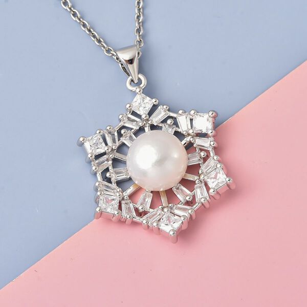 Weißer Süßwasserperlen und Zirkonia-Anhänger mit Kette, 45 cm - 3,50 ct. image number 3