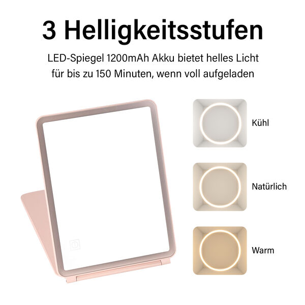 Faltbarer LED-beleuchteter Schminkspiegel, 3 Helligkeitsstufen, Doppelseitige Spiegelfl&auml;chen, Rosa image number 8