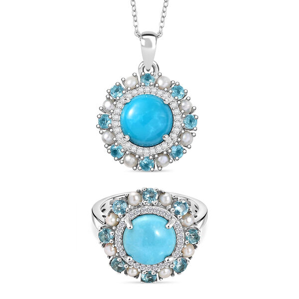 D'Joy AA Sleeping Beauty T&uuml;rkis, S&uuml;&szlig;wasserperle, Apatit und Zirkon Ring und Anh&auml;nger mit 50cm Kette