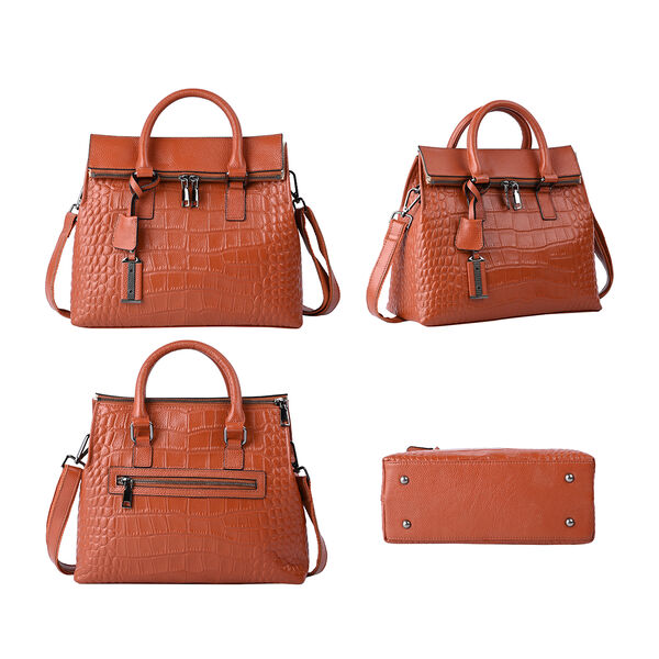 Schultertasche aus 100% echtem Leder mit Kroko-Pr&auml;gung und abnehmbarem Riemen, Braun&nbsp; image number 2