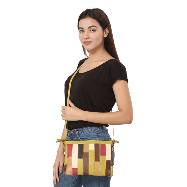 100% echte Leder Patchwork Umh&auml;ngetasche, Gelb image number 2