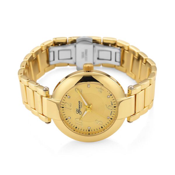GENOA TIME V2 Uhr mit Japanischem Miyota 2035 Werk, Zifferblatt Goldfarben mit Prägemuster und Weißen Kristallen, Edelstahlarmband Goldfarben, 3 ATM wasserdicht image number 4