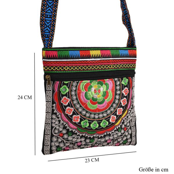 Crossbody-Tasche mit floraler Stickerei, ethnischem Boho-Muster, 23×24 cm, Schwarz mit grünen Motiven image number 7