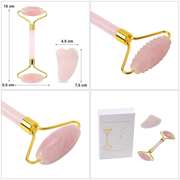 Set aus 2 Doppelkopf-Massageroller und GuaSha Rosenquarz Stein image number 5