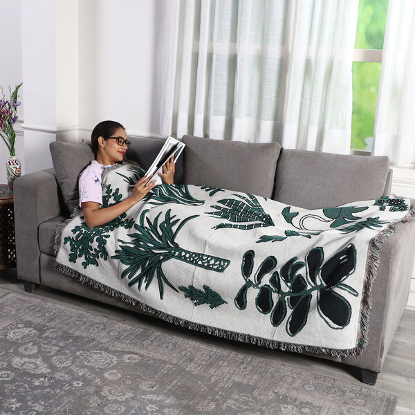 Handgewebte Jacquard-Decke mit Fransen, 100% Baumwolle, Palmenmuster, Grün und Elfenbein image number 2