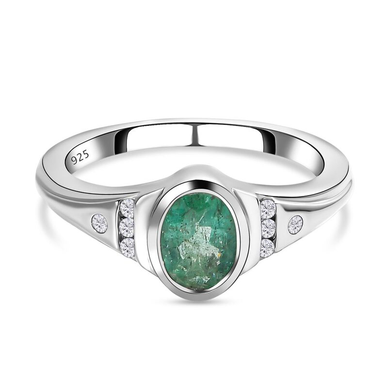 Kagem Sambischer Smaragd, Weißer Zirkon Ring 925 Silber platiniert (Größe 19.00) ca. 0.82 ct image number 0