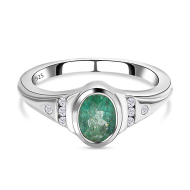 Kagem Sambischer Smaragd, Weißer Zirkon Ring 925 Silber platiniert (Größe 19.00) ca. 0.82 ct