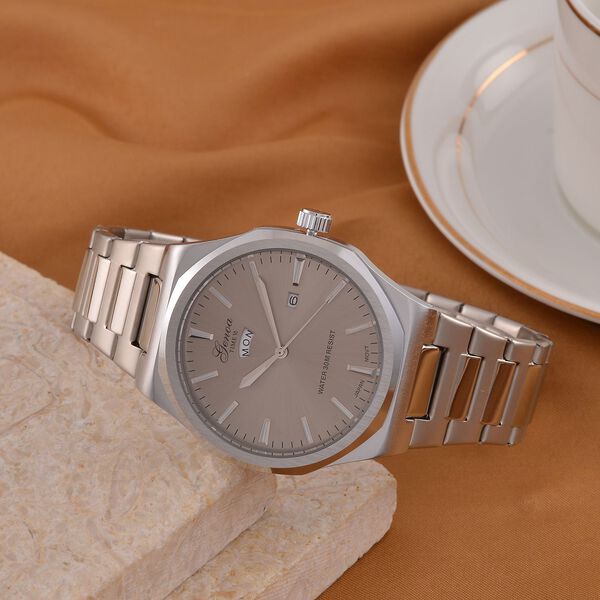 GENOA - Japanisches Uhrwerk, Graues Sonnenschliff-Zifferblatt mit Balkenindexen, Reiner Edelstahl mit Faltschlie&szlig;e, Bicolor, 20 cm image number 2