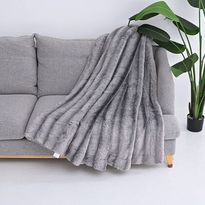 LIVMORE -Doppellagige Kunstfell-Decke mit Wellenstruktur, 350+220 GSM, Gr&ouml;&szlig;e 150x200 cm, Steingrau