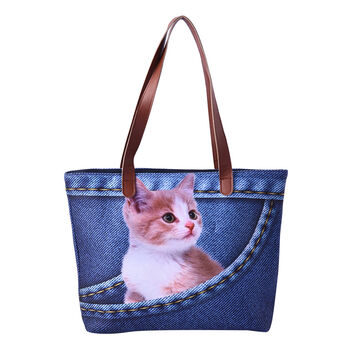 Handtasche f&uuml;r Frauen, Katzenmuster, Gr&ouml;&szlig;e: 42x9x32 cm, Blau