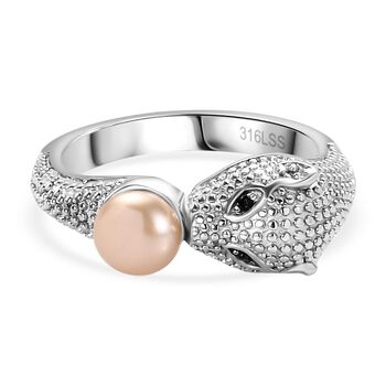 Rosa S&uuml;&szlig;wasser Perle, Schwarzer Spinell Ring Edelstahl (Gr&ouml;&szlig;e 17.00)
