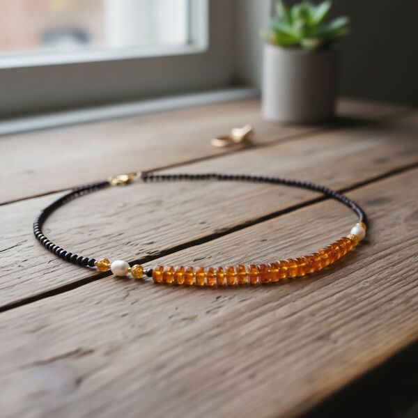 D'Joy Wei&szlig;e S&uuml;&szlig;wasser Perle (6-8 mm), Mehrfarbiger Bernstein Halskette ca. 50 cm 925 Silber vergoldet image number 2