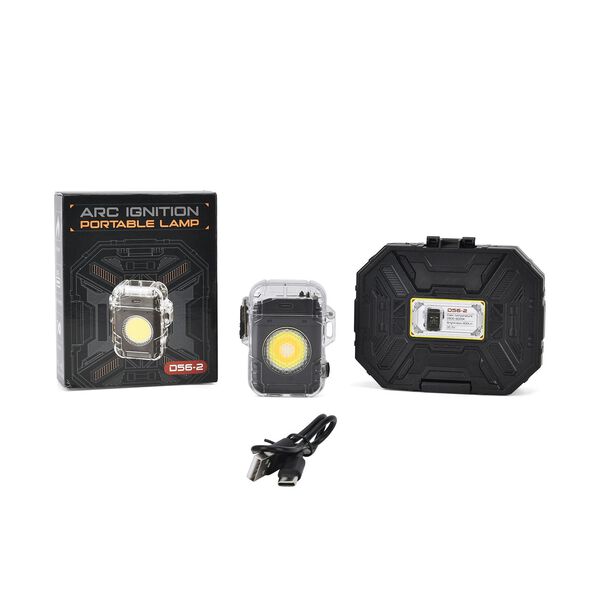 "ARC IGNITION PORTABLE LAMP with stroge box -black Light bulb: COB Running time: 3-4 hours Charging time: about 2 hours Color temperature: 2800-6000K Lumen: 400Lm Voltage: 5V Function: Main light: white light strong - white light weak - yellow light stron image number 0