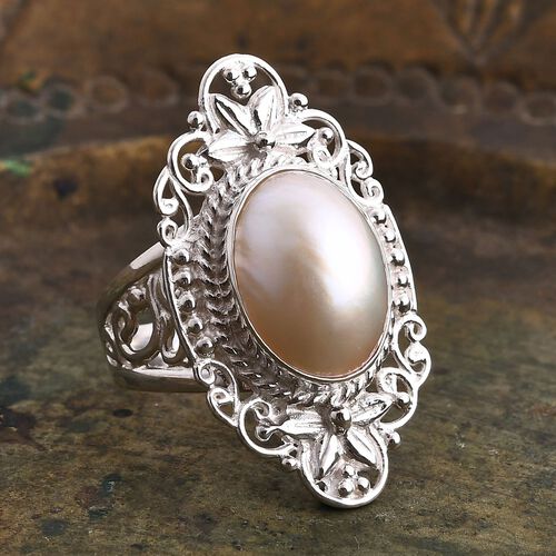 Weiße Mabe Perle Ring 925 Silber (Größe 17.00) image number 1