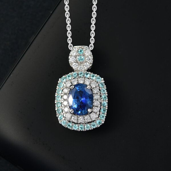 RHAPSODY zertifiziert und gepr&uuml;ft AAAA ceylonfarbener blauer Saphir, Paraiba Turmalin und VS Diamant Anh&auml;nger mit 45cm Kette in 950 Platin - 2 ct. image number 1