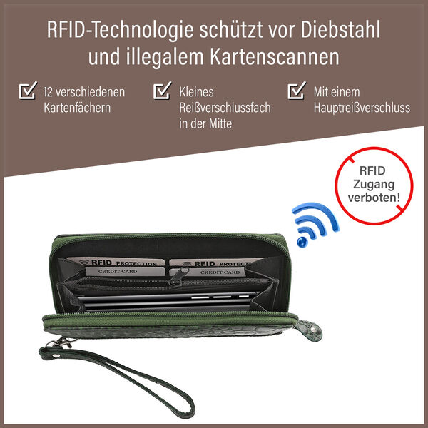 RFID-gesch&uuml;tzte Brieftasche aus 100% echtem Leder mit Kroko-Pr&auml;gung und abnehmbarem Trageschlaufe, dunkel gr&uuml;n image number 4