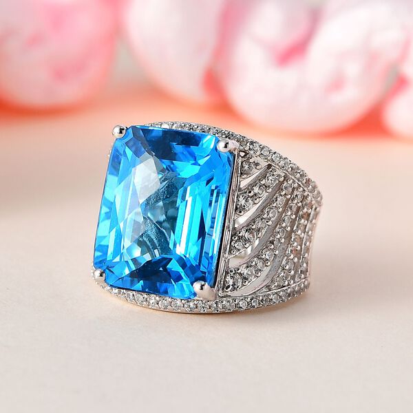 Elektrischer Blau Topas, weißer Zirkon Ring, 925 Silber platiniert, (Größe 18.00), ca. 17.16 ct image number 2