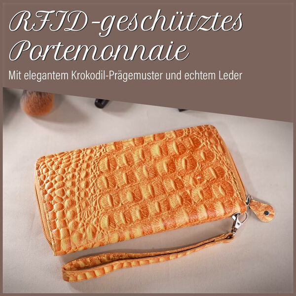 Echtleder Brieftasche mit Kroko-Pr&auml;gung, Gelb image number 2