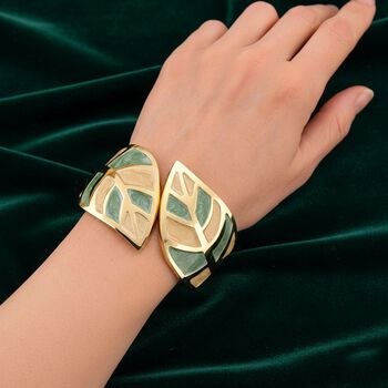 Emaille-Armband in Gr&uuml;n und Creme mit Blattmuster, ca. 17 cm